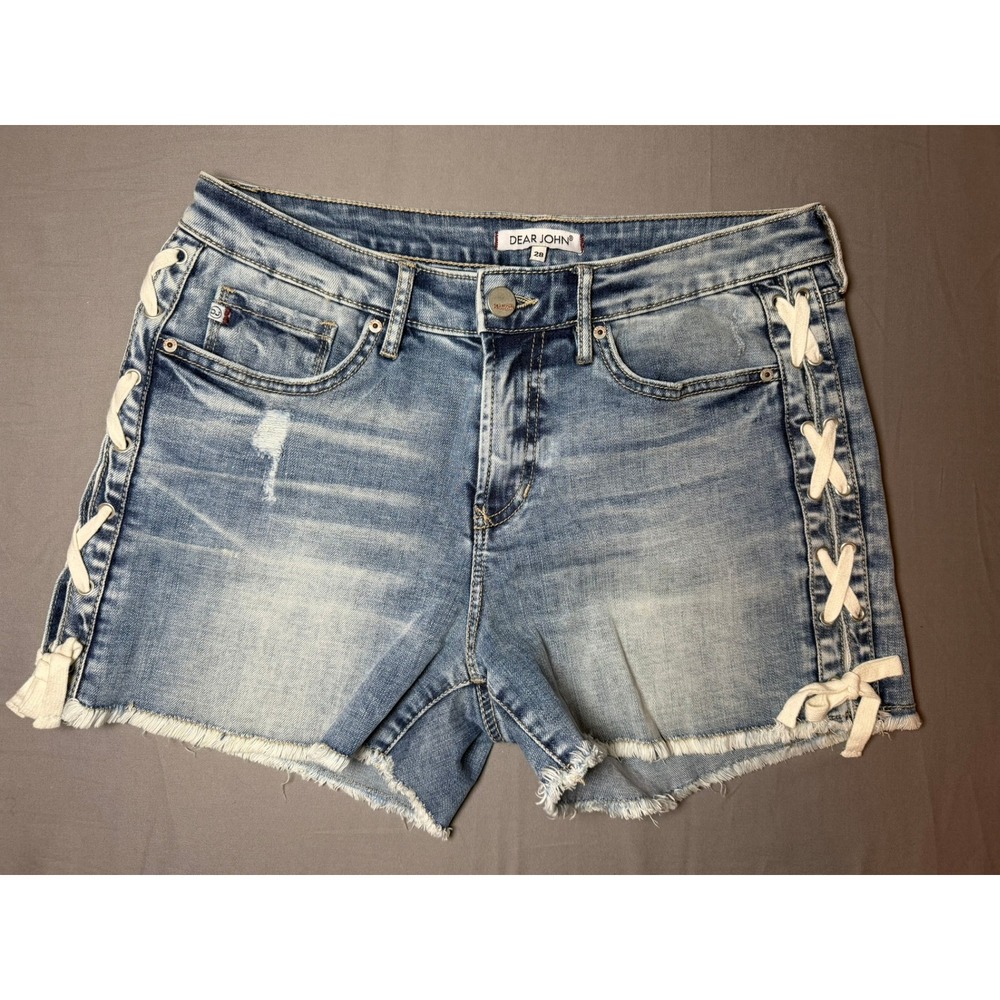 Dear John Womens Lace Up Side Denim Shorts Light Wash Frayed Hem Sz 28 Festival